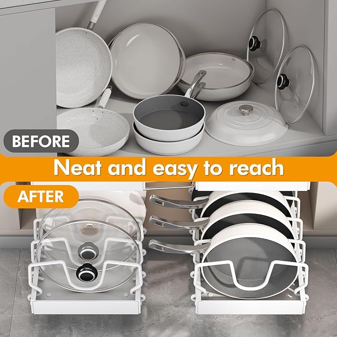 2 Pcs Pull-Out Pots and Pans Organizer Under Cabinet, Pot and Pan Organizers Inside Cabinet for Kitchen Cabinet Storage and Pots Storage Rack Pans Lid Dishes Holder Bakeware Organizer (white)
