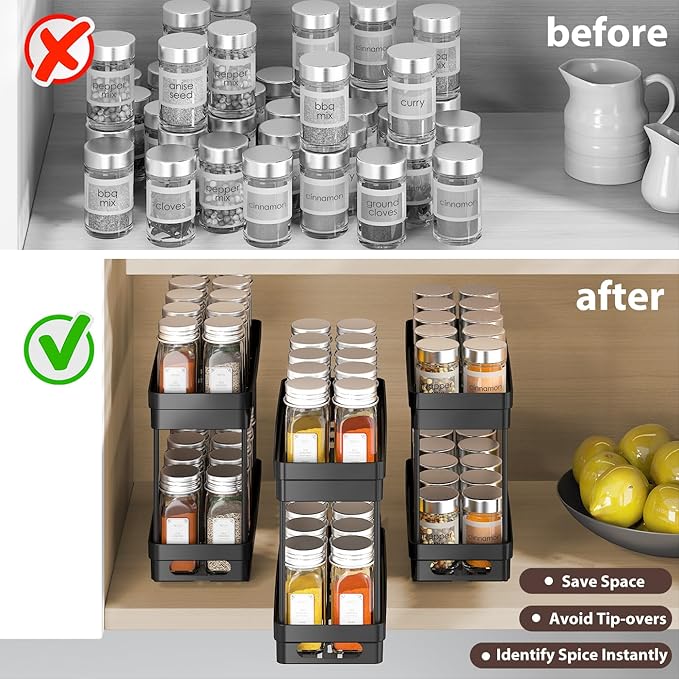Pull Out Spice Rack Organizer for Cabinet, 2-Tier Slide Out Spice Racks Organizer,Easy Installation Cabinet Organizer Seasoning Kitchen Organizer,4.4''Wx10.5''Dx8.26''H,2Pack