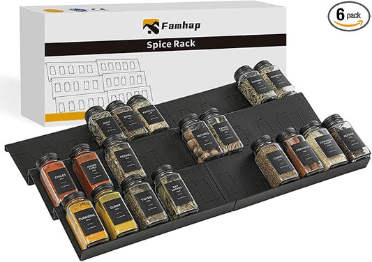 Famhap Spice Drawer Organizer, 6 Pack Drawer Seasoning Organizer Expandable from 11.6" to 23.2" Seasoning Rack Tray Insert for Kitchen Drawers, Spice Rack Tray for Drawer/Countertop (Black)