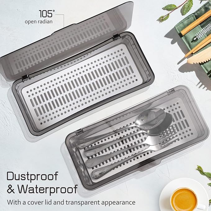 DOITOOL 3Pcs Flatware Tray with Lid Kitchen Cutlery and Utensil Drawer Organizer Silverware Holder Countertop Storage Container, 10 x 3.9 x 2.8inch (Black)