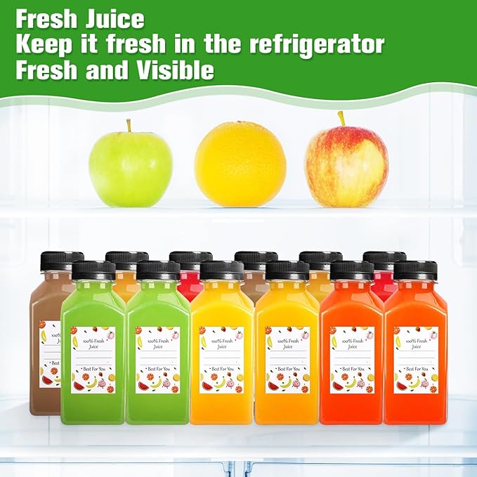 12pcs 8oz Plastic Juice Bottles, Reusable Juice Containers with Black Tamper Proof Lids, Brush, Funnel and Labels, Clear Juice Bottles for Juicing, Smoothie and Homemade Beverages