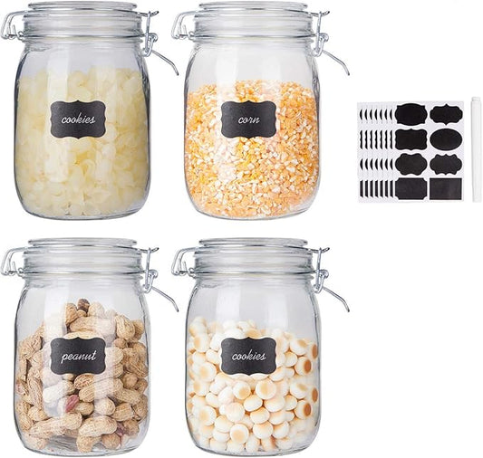 Glass Kitchen Storage Canister Mason Jars with Lids,32oz Airtight Glass Canister with Hinged Lid，Perfect for Kitchen Canning Cereal,Pasta,Sugar,Beans (Labels & Chalk Marker)-Set of 4