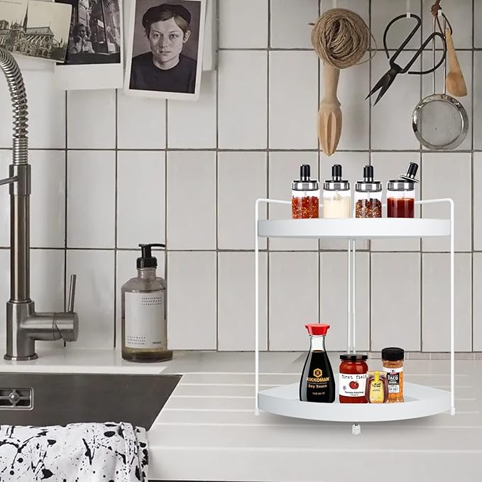 2 Tier Corner Shelf Rack Kitchen Counter Cabinet Bathroom Organizer Makeup Cosmetic countertop Organization and Storage Under Sink Organizers Perfume Trays for Dresser White