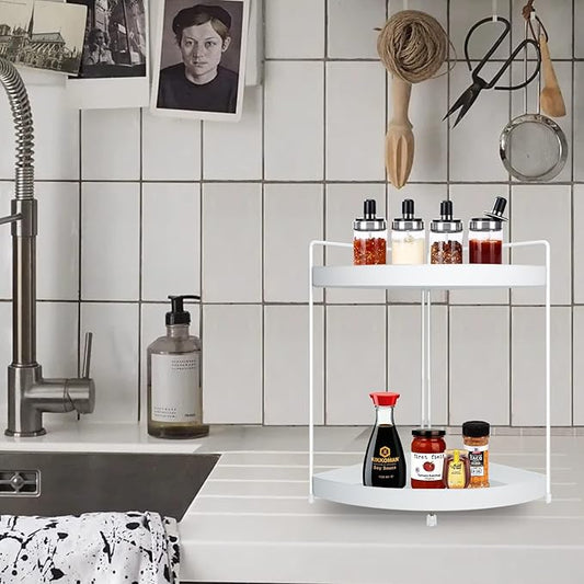 2 Tier Corner Shelf Rack Kitchen Counter Cabinet Bathroom Organizer Makeup Cosmetic countertop Organization and Storage Under Sink Organizers Perfume Trays for Dresser White