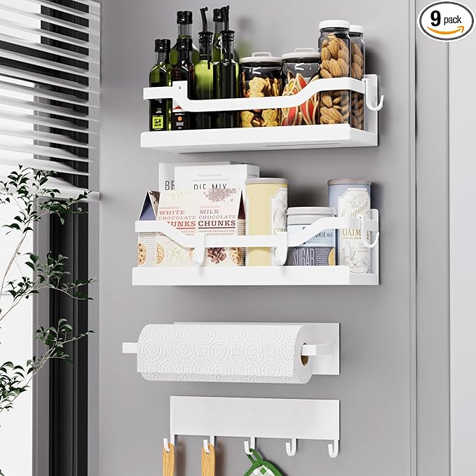 Magnetic Spice Rack for Refrigerator, 4 Pack Heavy Duty Metal Strong Magnetic Fridge Shelf with Magnet Paper Towel Holder, Hook Rack, 2 Spice Jars with Label, Space Saving, White