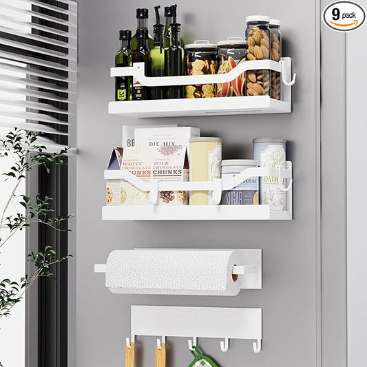 Magnetic Spice Rack for Refrigerator, 4 Pack Heavy Duty Metal Strong Magnetic Fridge Shelf with Magnet Paper Towel Holder, Hook Rack, 2 Spice Jars with Label, Space Saving, White
