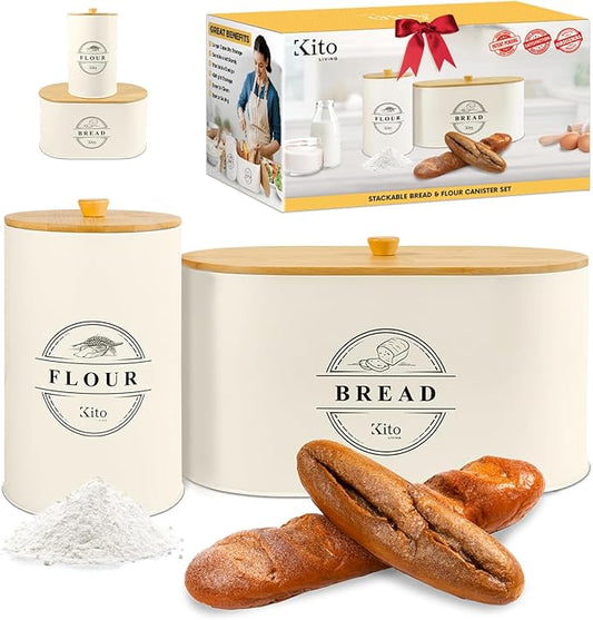Canisters Sets for Kitchen Counter Storage and Organization with Wooden Bamboo Lids, Food Pantry Containers, Stackable Steel Storage Bins, Airtight Bread and Flour Containers - Cream