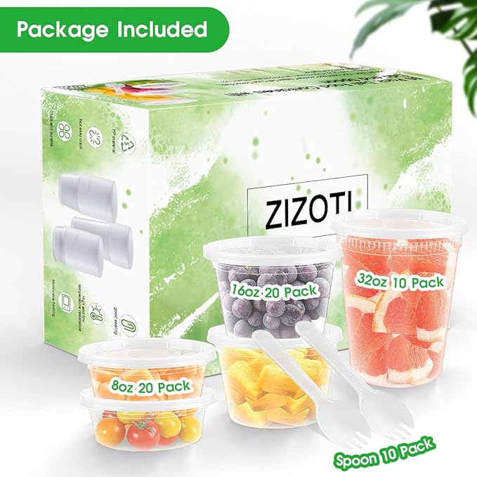 [50 Pack, 8oz, 16oz, 32oz] Food Storage Containers with Lids, BPA-Free | Airtight | Stackable Plastic Deli Containers (Includes 10 Spoons & 10 Forks), Dishwasher, Microwave & Freezer Safe