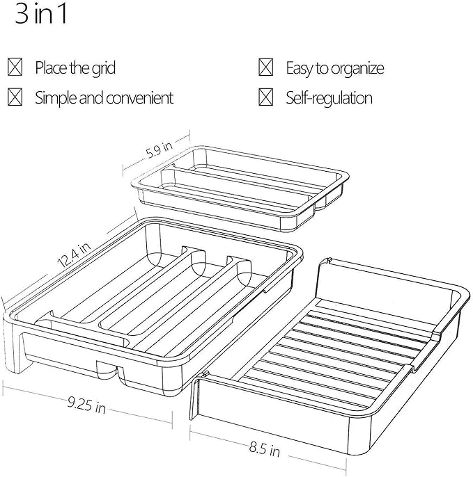 HornTide 3-in-1 Cutlery Tray Expandable Utensils Holder Plastic Kitchen Drawer Organizer for Silverware Storage and More - Blue