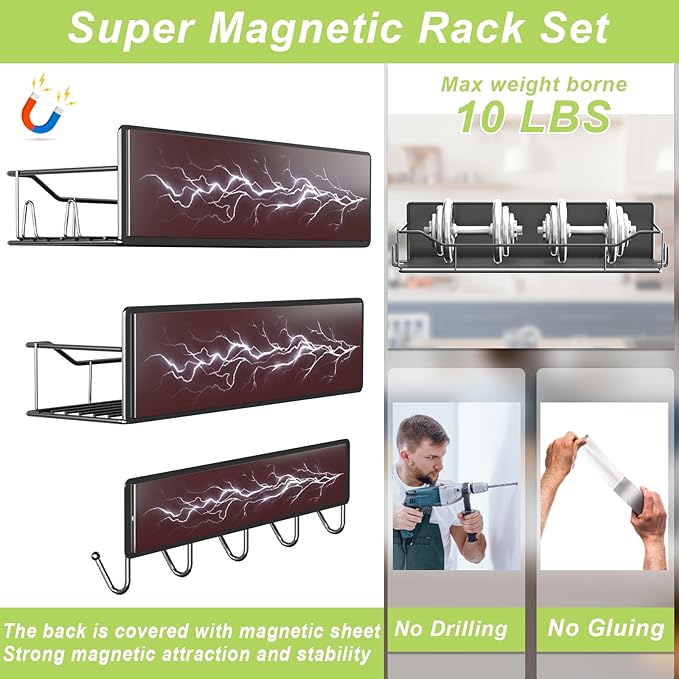 Magnetic Spice Rack for Refrigerator, 3 Pack Metal Magnet Spice Organizer Shelf with Hook Rack, Magnetic Fridge Shelves for Kitchen Organization and Storage, Seasoning Organizer Gadgets (Black)