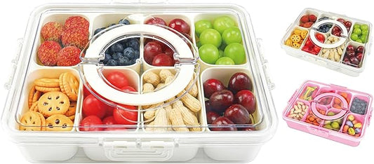 Snackle Box Container, 8 Compartment Divided Serving Tray with Lid and Handle, Snack Box Container for Candy, Fruit and Snacks, Great for Gatherings, Outings, Parties and Entertaining