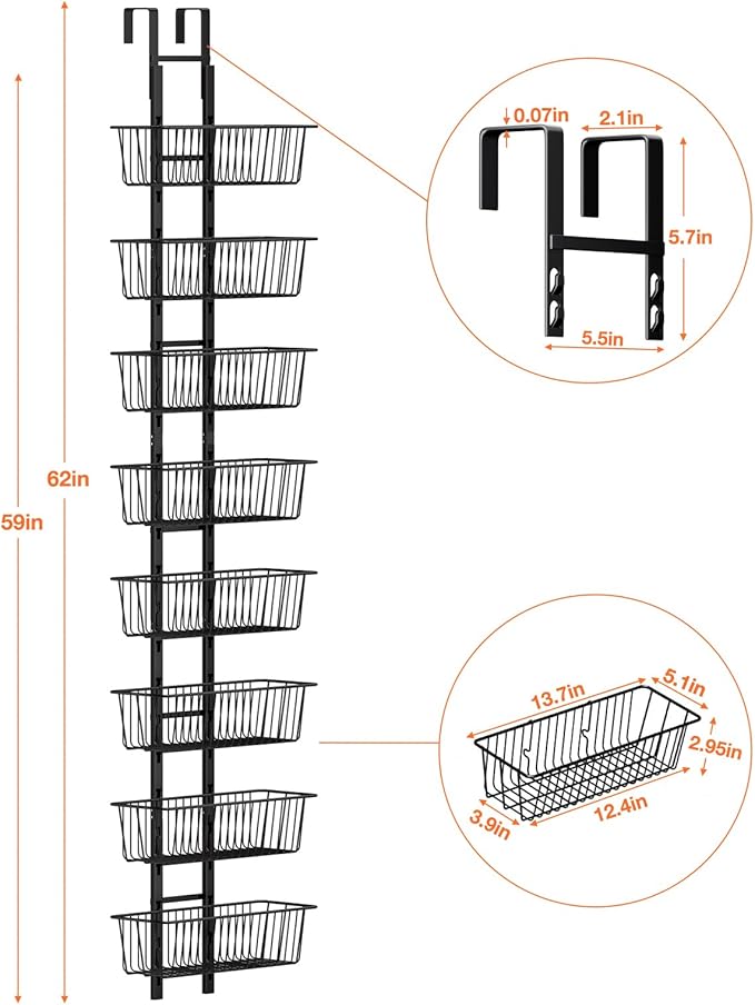 8 Tier Over the Door Pantry Organizer, Over the Door Spice Rack with Adjustable Baskets, Metal Hanging Door Pantry Organizers and Storage for Kitchen Bathroom Bedroom, Black