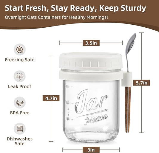 LANDNEOO 6 Pack Overnight Oats Containers with Lids and Spoons, 16 oz Glass Mason Overnight Oats Jars, Large Capacity Airtight Jars for Milk, Cereal, Fruit(White)
