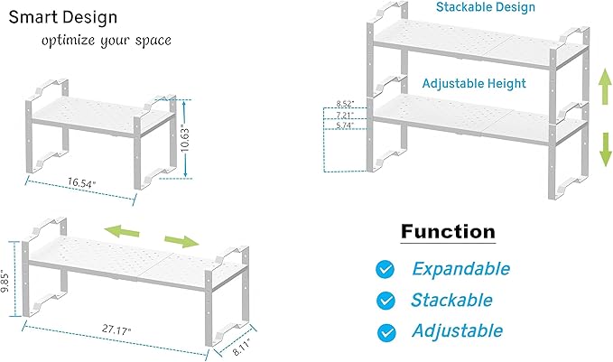 Expandable Shelf for Cabinet Organizer Adjustable Stackable Spice Rack at Kitchen and Bathroom More, Counter Countertop Cupboard Organization Pantry Storage(3 Packs/White,Medium)