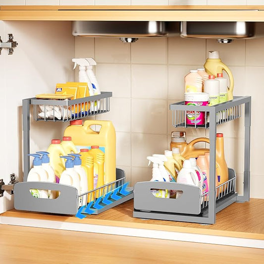 Under Sink Organizer 2 Pack,Metal Pull Out Cabinet Organizer Shelf,Kitchen Bathroom Organizers and Storage with Sliding Drawer,Storage Shelves,Storage and organization for Home,Laundry,RV,Pantry,Spice