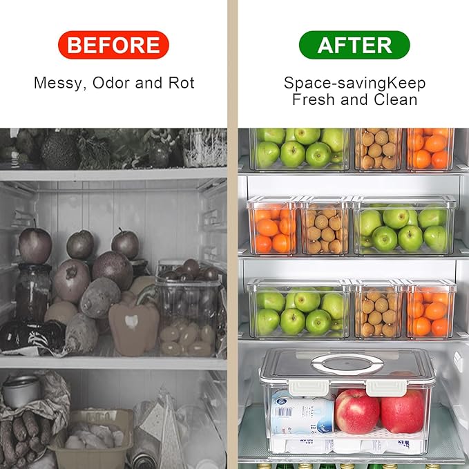 7 Pack Fresh Food Storage Containers, Produce Saver Box with Drain Baskets & Lid, Reusable Fridge Organizer, BPA-Free Airtight Fruit Organizer for Refrigerator, Stackable Plastic Fruit Veggie Saver