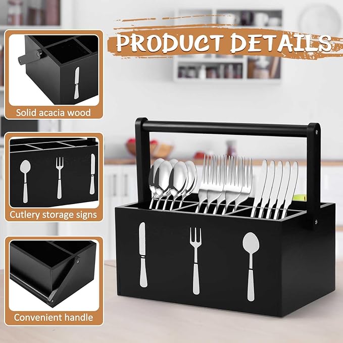 Geetery Acacia Utensil Caddy Silverware Caddy with Handle Wooden Multipurpose Countertop Flatware Napkin Utensil Organizer for Party Picnic Kitchen Trip, 9.1 x 5.9 x 4.5 in(Black)