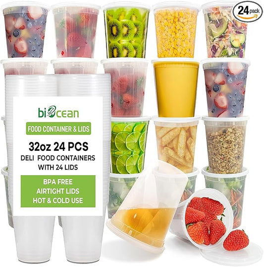 32 Oz Resuable Deli Containers With Lids Freezer Food Storage Containers Airtight Bulk 24 Set BPA-Free Plastic Soup Container Microwave Leakproof Deli Cups For Meal Prep,Leftover-Home/Takeout