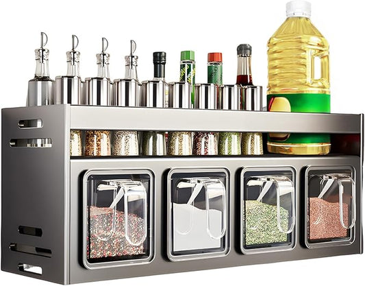 Kitchen Spice Rack, Kitchen Organizer and Storage Rack, Spice Organization for Cabinets Punch-free Wall/Countertop Home Decor Multifunctional Double Layer 4 Grid Condiment Rack, Gray