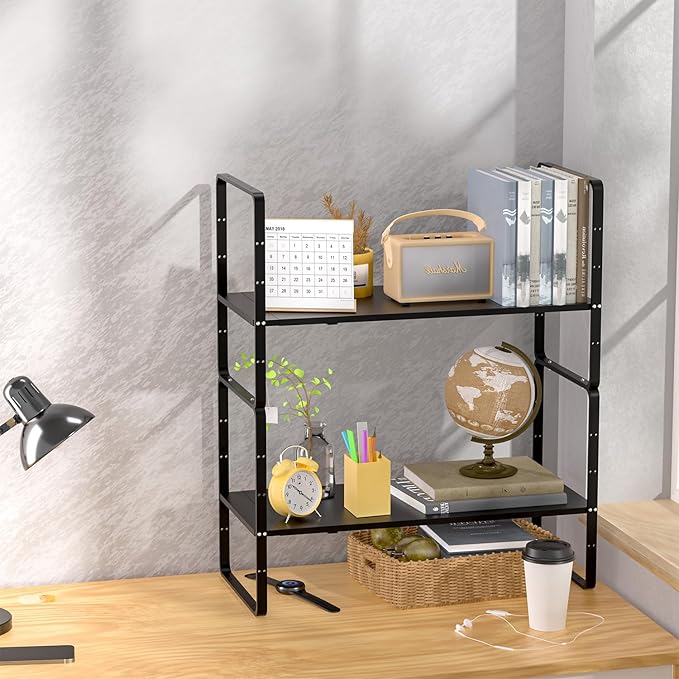 Expandable Kitchen Cabinet Shelf Organizers 2 Pack, Stackable Metal Pantry Storage Shelves Rack, Adjustable Counter Shelf for Cabinets, Countertop, Cupboard Organizers and Storage, Black