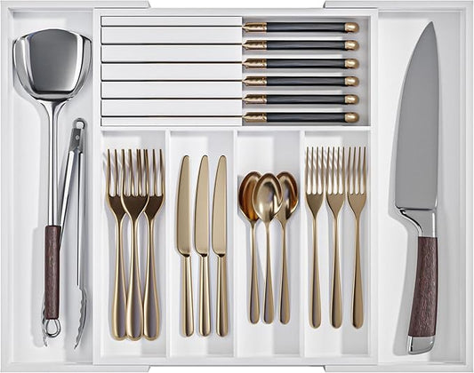 Silverware Drawer Organizer Bamboo Knife Organizer Drawer Insert Expandable Utensil Holder for Kitchen Drawer Flatware Holder W12.8-20.2" x L16 x H2 (White)