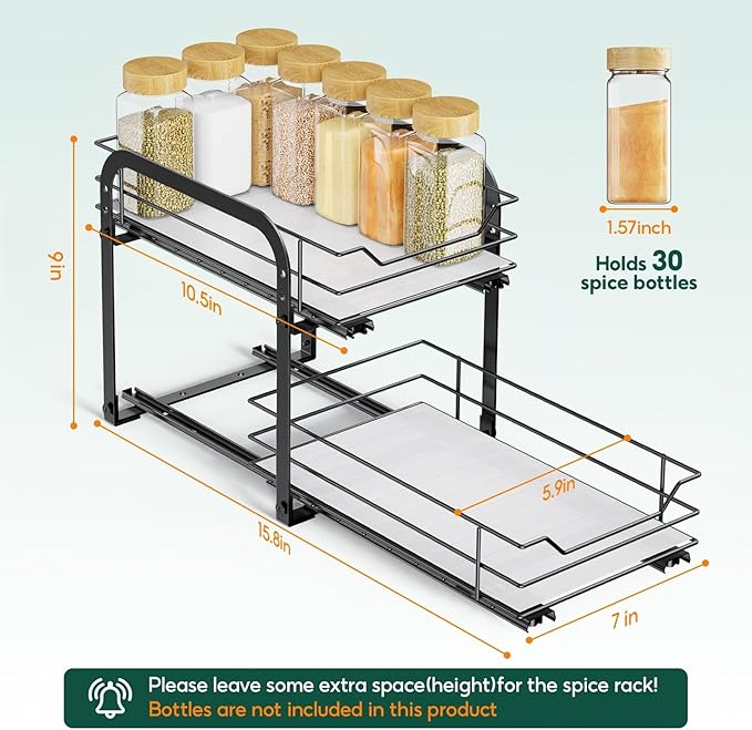 Spice Rack Organizer for Cabinet - 2-Tier Vertical Pull Out Spice Rack, Heavy Duty Metal Spice Shelf with Easy to Install Design, Fits Countertop, Cabinet & Pantry