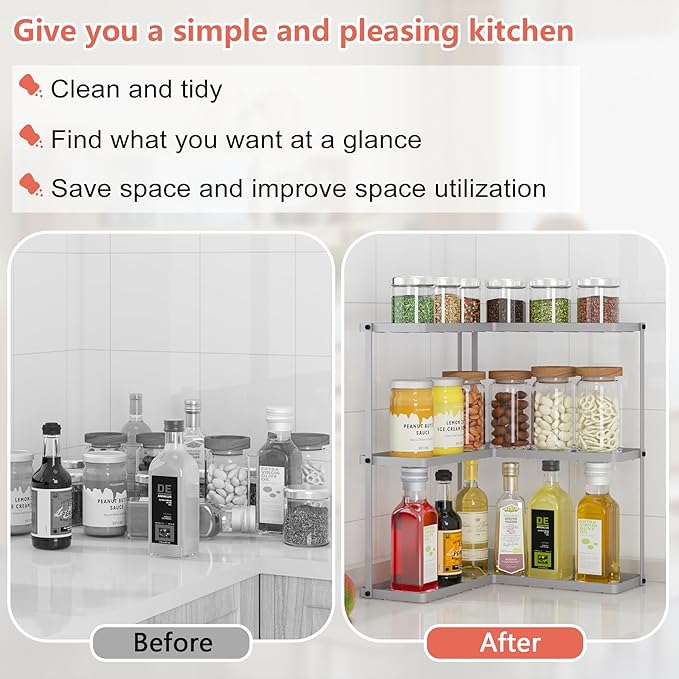 Buzowruil Kitchen L-Shaped Spice Storage Rack Triangle Corner Three-Layer Cabinet Spice Rack,2 Pack (Silver)