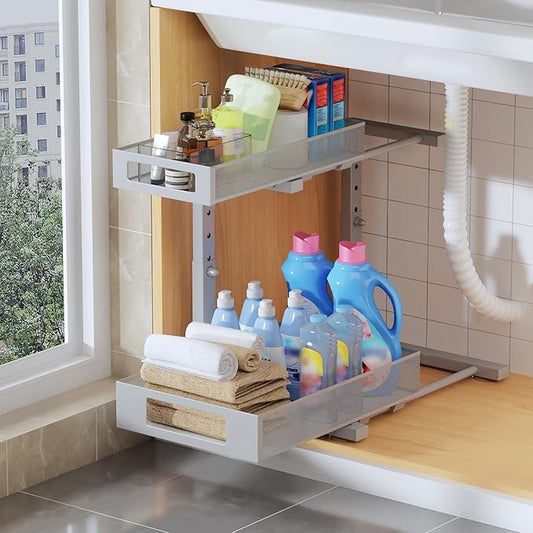 1 Pack 11.8"-16.8"H Under Sink Organizers And Storage Height Adjustable,2-Tier Pull Out Under Cabinet Shelf Organizer,Multi-Use Slide Out Drawer For Bathroom Kitchen Laundry-Gray