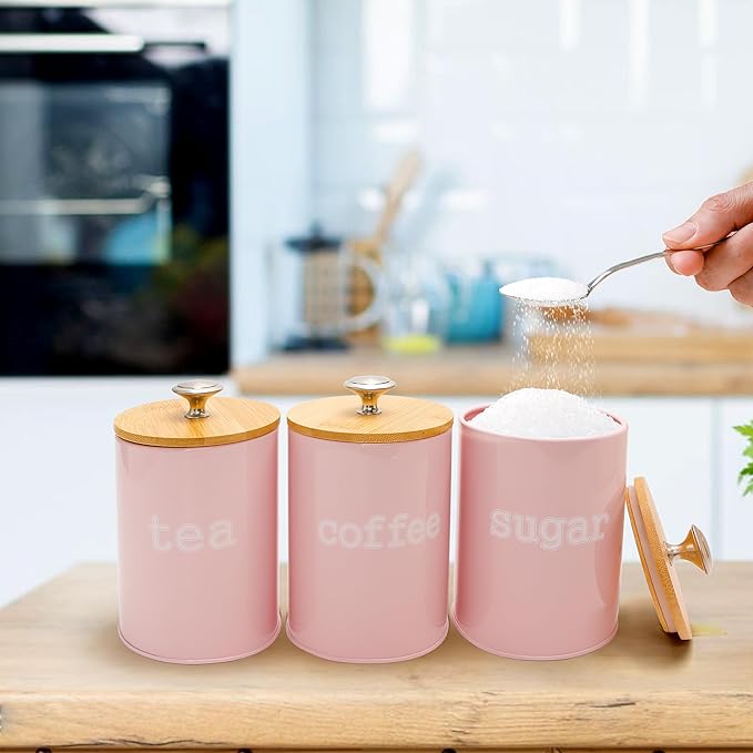 3PCS Pink Kitchen Canister Set 6.1" x 3.7" Matte Condiment Pot Metal Tin Jar Container with Bamboo Airtight Lid to Store Dry Food Spices Coffee Tea Sugar Storage Accessories for Bar Counter Farm House