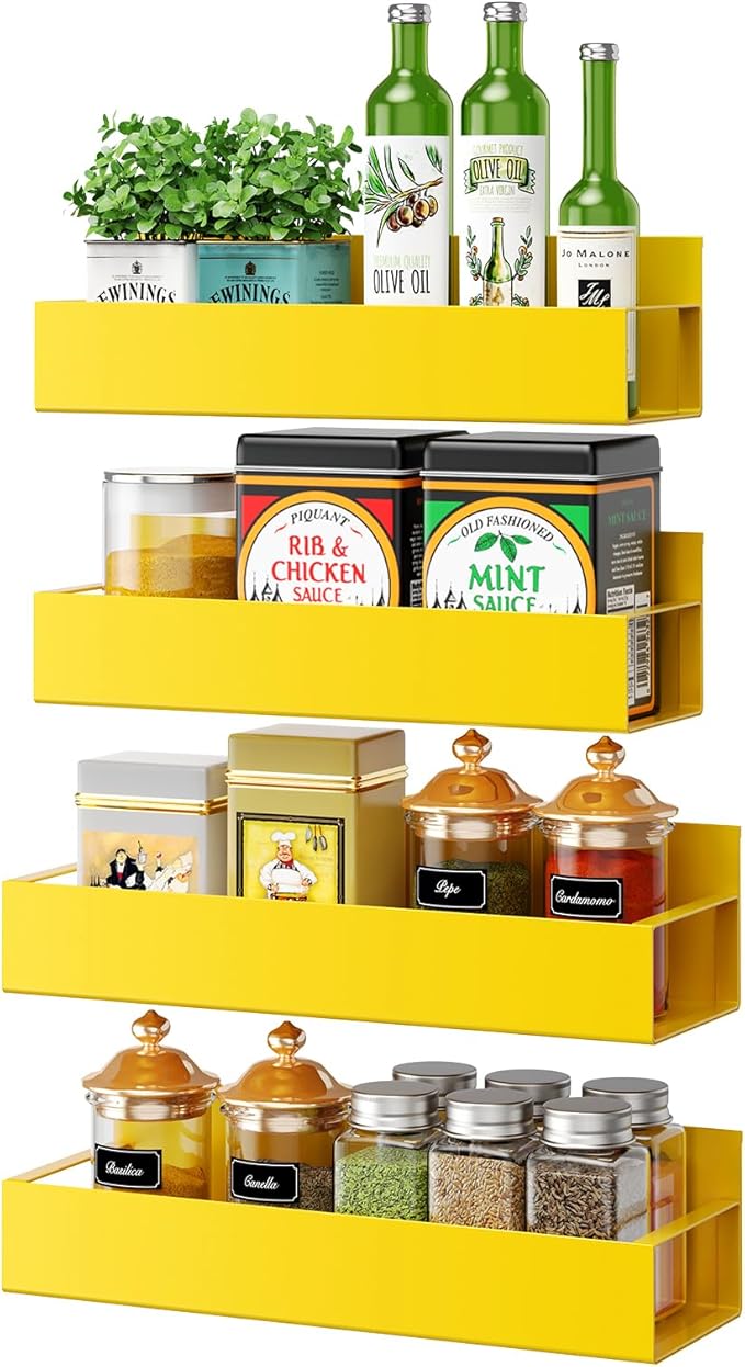 4 Pack Moveable Fridge Magnetic Spice Racks,Metal Yellow