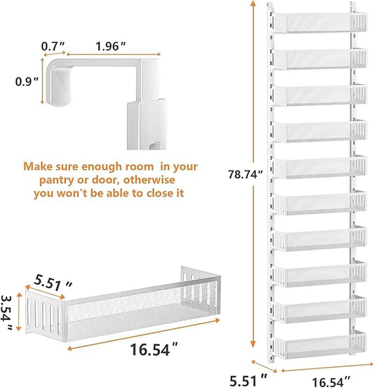 10-tier Over The Door Pantry Organizer with Mesh Baskets, Adjustable & Stable Hanging Spice Rack for Kitchen, Bathroom, Bedroom, and Baby Essentials Storage (16" W 10-Tiers, White)