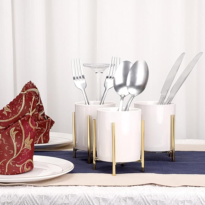 JUXYES Pack of 3 Ceramic Silverware Holder For Party Table, White Cutlery Holder Holder With Golden Metal Bracket, Small Flatware Caddy Organizer Utensil Holder Organizer for Kitchen Dining Tables