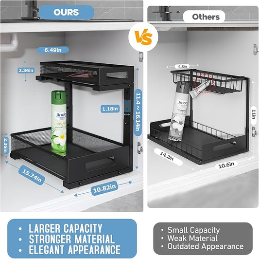 2-Pack Under Sink Storage Organizer, Large 2-Tier Elegant Mesh Pull Out Shelf for Kitchen and Bathroom Cabinet Organization, L-Shaped and Adjustable Height Design,Patent Pending-Black
