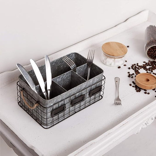 NIKKY HOME Farmhouse Utensil Caddy for Parties, Flatware Caddy for Countertop, Rustic Galvanized Silverware Cutlery Caddy with Napkin Holder for Kitchen, Dining, Outdoors, Picnics, Parties - Silver