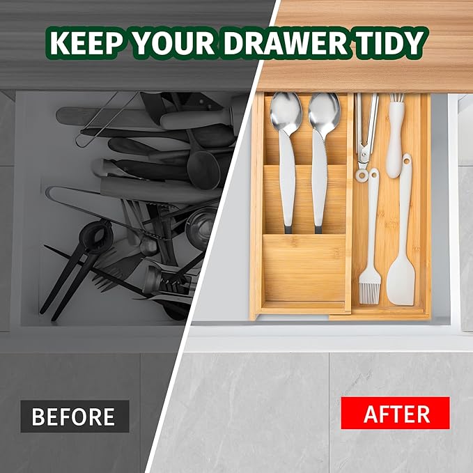 Kitchen Drawer Organizer Bamboo Silverware Drawer Organizer,Expandable Utensil Organizer, Bamboo Cutlery Tray and Utensil Holder for Kitchen Flatware(5 Slots, Natural)