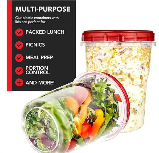 32oz Plastic Containers with Red Twist Top Lids (6 Pack) – Quart Freezer Containers for Leftovers, Airtight Reusable Soup Storage, Microwave & Dishwasher Safe