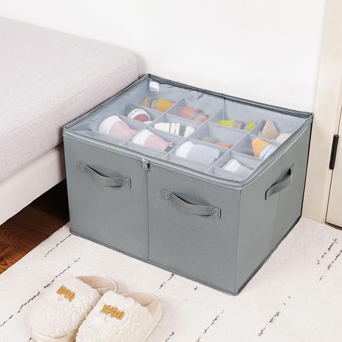 Shoe Organizer for Closet 2 Pack, Foldable Shoe Box with Adjustable Dividers and Clear Cover, Space Saving Shoe Storage Organizer Cabinet with Reinforced Handles, Fits 32 Pairs, Gray, TP12G