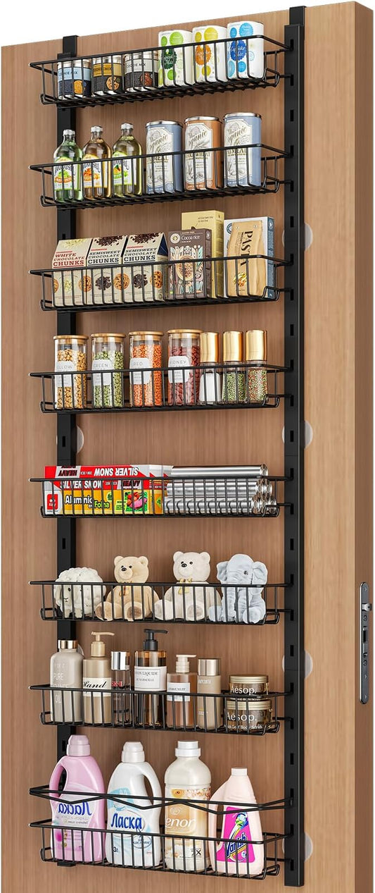 Over the Door Pantry Organizer, 8-Tier Adjustable Spice Rack Cabinet Door Shelves, Hanging Seasoning Organizer for Kitchen Bathroom, Laundry Room Organization, Black