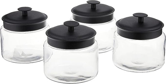 Anchor Hocking Montana Glass Jars with Fresh Sealed Lids, Black Metal, 48 oz (Set of 4) -