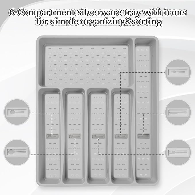 Silverware Organizer with Cutlery Icons，Silverware Tray for Kitchen Drawer，Plastic Flatware Tableware Cultery Drawer Organizer Utensil Organizer with Non-slip TPR Linings，6-Compartment，Grey