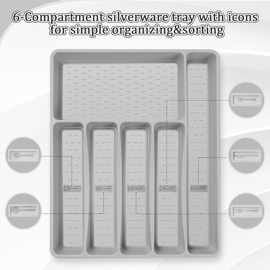 Silverware Organizer with Cutlery Icons，Silverware Tray for Kitchen Drawer，Plastic Flatware Tableware Cultery Drawer Organizer Utensil Organizer with Non-slip TPR Linings，6-Compartment，Grey