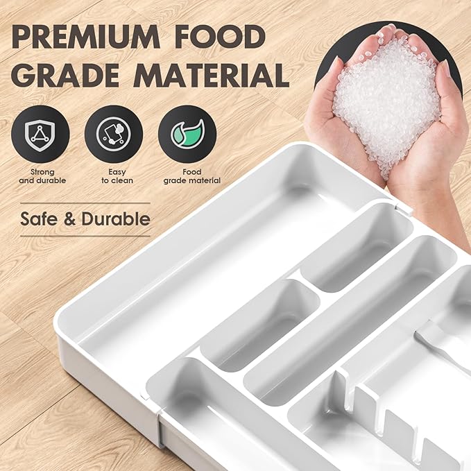 Silverware Organizers for Kitchen Drawers, Expandable Kitchen Drawer Organizer for Large Utensils, Drawer Utensil Organizer, Stackable Spoon Organizer Drawer, White Silverware Organizer Tray