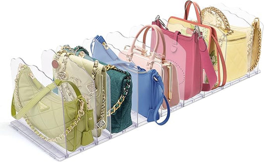 SSAWcasa Closet Purse Organizer, Purse Storage Organizer, Acrylic Purses Shelf Divider Holder, Clear Clutch Women Bag Organizers, Adjustable Handbag Separator Rack for Bathroom Office Bookshelf