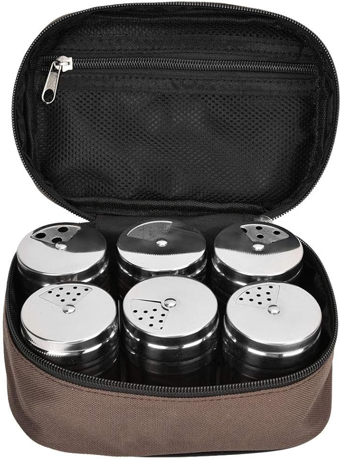 Stainless Steel Spice Jar Set, 6 Pack 3 oz Camping Spice Bottles Kit with Shaker Lids Empty Spice Shaker Seasoning Dispenser Containers with Adjustable Pour Holes for Kitchen BBQ Picnic Travel
