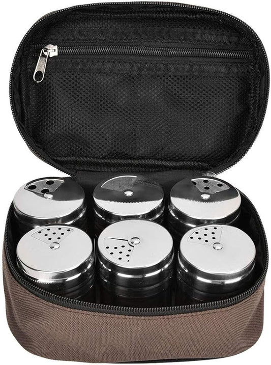 Stainless Steel Spice Jar Set, 6 Pack 3 oz Camping Spice Bottles Kit with Shaker Lids Empty Spice Shaker Seasoning Dispenser Containers with Adjustable Pour Holes for Kitchen BBQ Picnic Travel