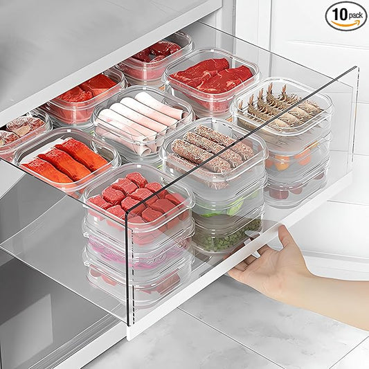 Food Storage Containers with Lids, Plastic Fridge Organizer Clear Bins, 350ml Sealed Food Containers, Reusable Takeaway Kitchen Freezer Storage Boxes, 10pcs