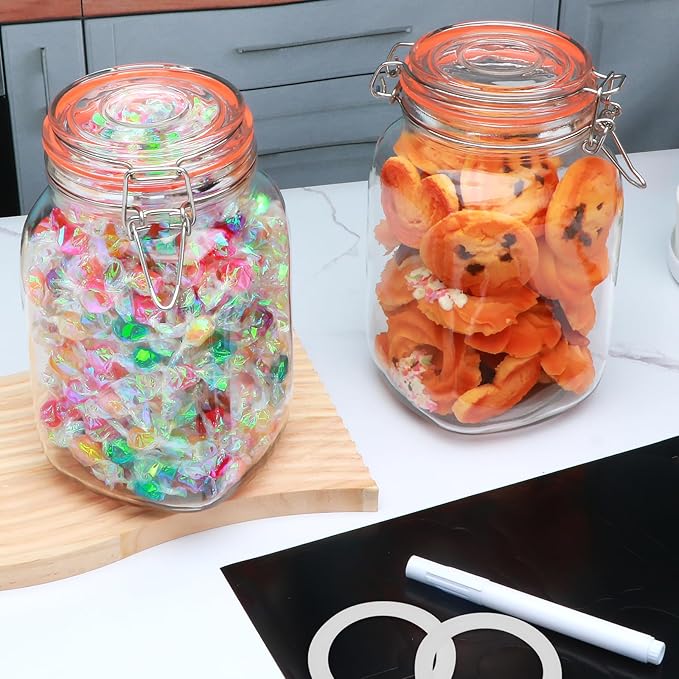 Encheng 50oz Glass Jars with Clamp Lids,Set of 4,1500ml Square Wide Mouth Mason Jars with Airtight Lids,Large Glass Storage Container with Clip Lids for Kitchen,Flour,Pasta,Beans