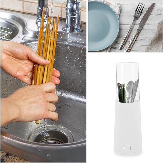 UPKOCH Diamond-Pattern Chopstick Organizer with Detachable Drain Basket - Space-Saving Utensil Holder with Dustproof Lid for Spoons/Forks/Toothpaste/ Toothbrush(White, 10.6")