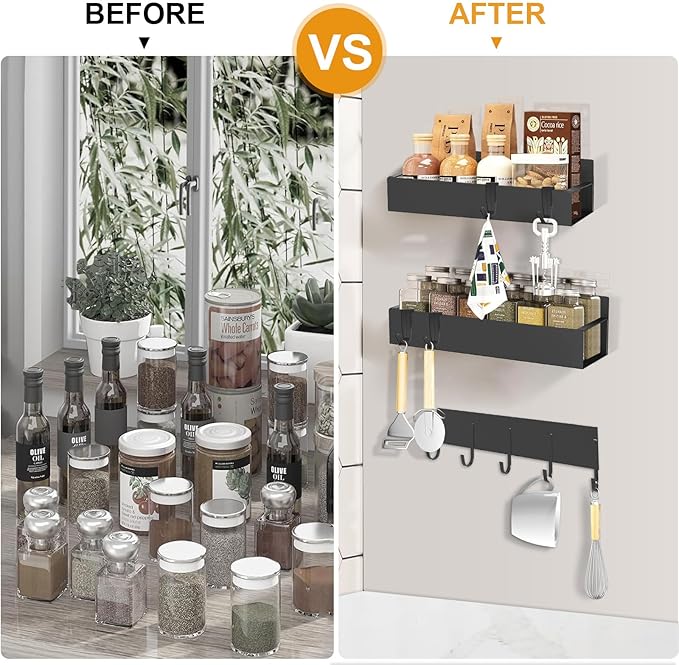 4 Pack Magnetic Spice Rack for Refrigerator,Metal Magnetic Shelf Black with Hook,Magnetic Knife Rack,4 Hooks,Space Saving for Home,Kitchen