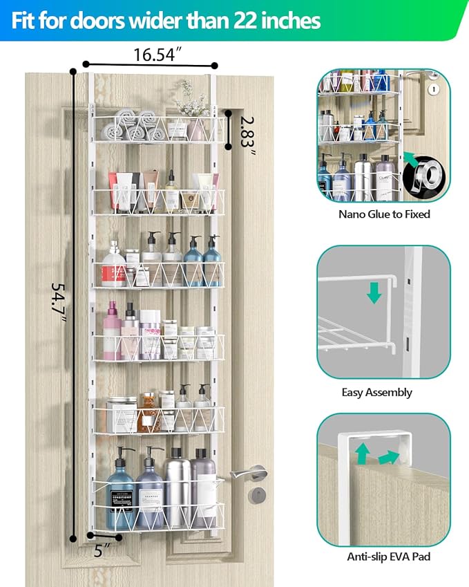 Over The Door Pantry Organizer, Pantry Organizers and Storage - 6-Tier Pantry Door Organizer, Over The Door Spice Rack for Kitchen, Bathroom, Bedroom Organization